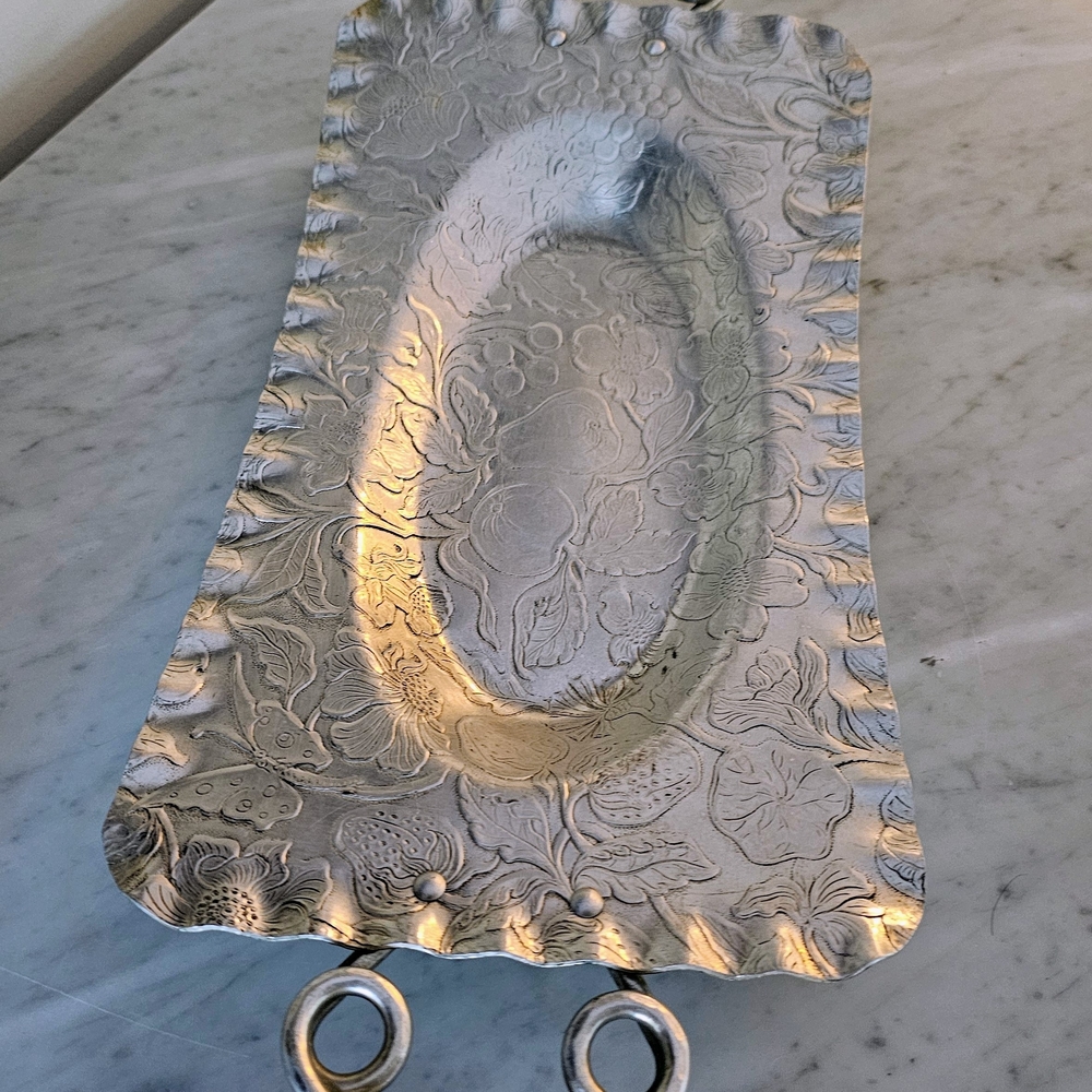 Hammered Aluminum Rectangular Serving Tray with Handles and Floral Design - Picture 2 of 8
